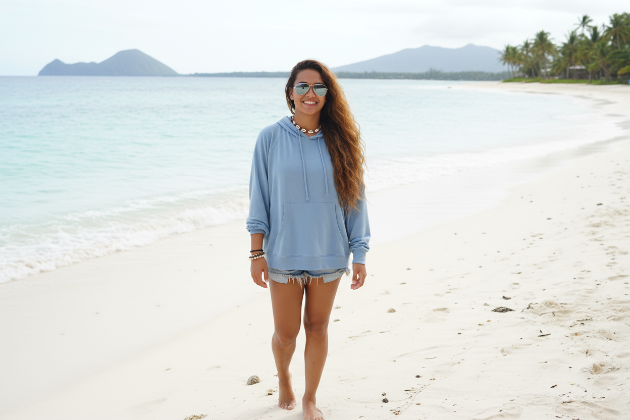 samoan light skinned girl with wavy hanging hair and shades on her head.  wearing a hoodie and short shorts on the beach